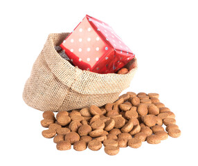 Jute bag with ginger nuts and presents, a Dutch tradition at Sinterklaas event in december isolated on transparent background