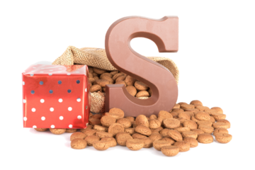 Jute bag with chocolate, ginger nuts and presents; a Dutch tradition at Sinterklaas event in december