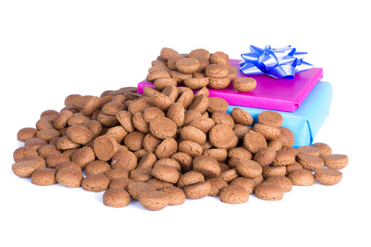 Pile of ginger nuts and presents, a Dutch tradition at Sinterklaas event in december isolated on transparent background
