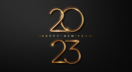 Gold Realistic 2023 New Year 2022 lettering on the black background. Design element for poster, flyer, postcard