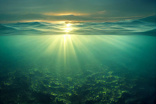 Sunbeams shining underwater in the green sea