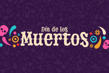 Inscription Day of the Dead in Spanish. Dia de los Muertos holiday concept. Template for background, banner, card, poster with text inscription. Vector EPS10 illustration. - obrazy, fototapety, plakaty