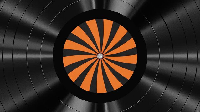Realistic seamless looping 3D animation of the spinning single classic black vinyl record with orange and black striped Halloween label rendered in UHD as motion background