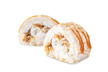 Meringue cake roll on a white isolated background
