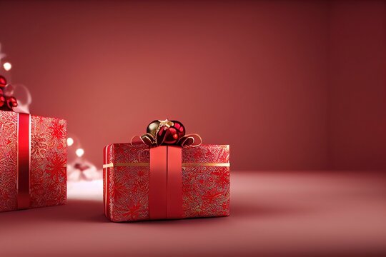 Closeup Shot Of Red Christmas Presents On A Red Surface