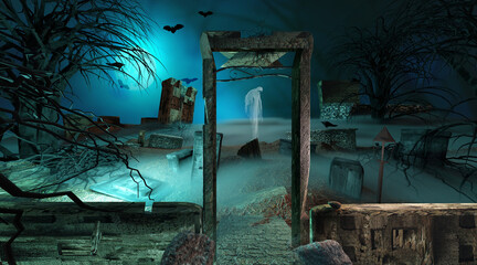 Halloween background. Spooky cemetery with creepy ghost in the night. 3D render illustration.
