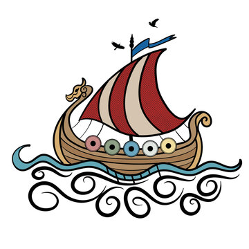 Ancient vikings ship with shields stencil vector