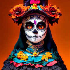 Catrina. Artsy Skeleton figure made in ceramic, clay, flowers, feathers and other materials. Fancy hat. Make up. Day of the dead. Día de Muertos. 3d Illustration. Clay figure.