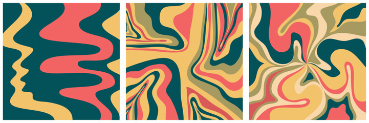 Groovy wave retro background with swirl set collection. Retro color hippy. Simple twirl trendy design. Wavy marble groovy pattern.
