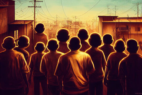 Digital Illustration Featuring Group Of Young Boys In Mexican Shanty Towns. Hardship In Poverty Regions Of Latin America. The Future Of Youth In Mexico Concept Artwork. Silhouettes Standing In The Sun