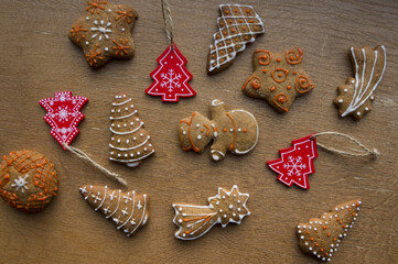 Set of different homemade Christmas cookies isolated on background, close up view with copy space for text. New year frame with tasty gingerbread cookies with spices. Winter holiday concept