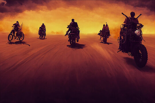 Cinematic digital illustration of a motorcycle, dirt bike gang driving in the desert. High speed dramatic cartoon style wallpaper in a post apocalyptic desert landscape. Dangerous, mad driving in sand