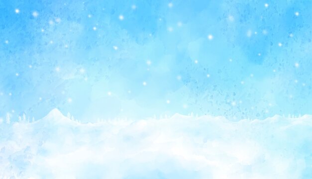 水彩タッチで描いた雪が積もる雪山の風景。冬やクリスマスの背景素材。