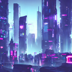 Neon night city with light reflection, glow and vivid colors. Digital artwork. Cyber punk theme.