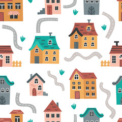 Naklejka premium Baby seamless pattern with cute houses