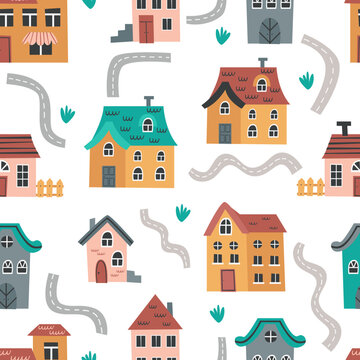 Baby seamless pattern with cute houses