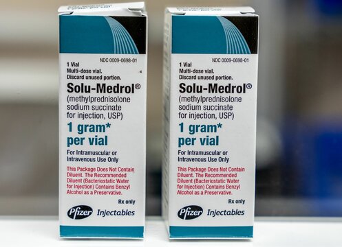 View of two boxes of Methylprednisolone 1gram over the white surface