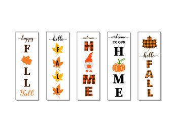 Fall vertical signs set. Thanksgiving or fall decorations. Autumn porch sign bundle. Vector template