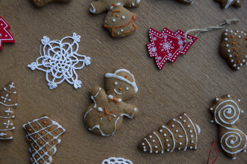 Set of different homemade Christmas cookies isolated on background, close up view with copy space for text. New year frame with tasty gingerbread cookies with spices. Winter holiday concept