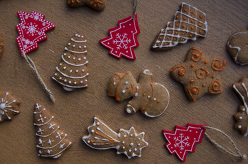 Set of different homemade Christmas cookies isolated on background, close up view with copy space for text. New year frame with tasty gingerbread cookies with spices. Winter holiday concept