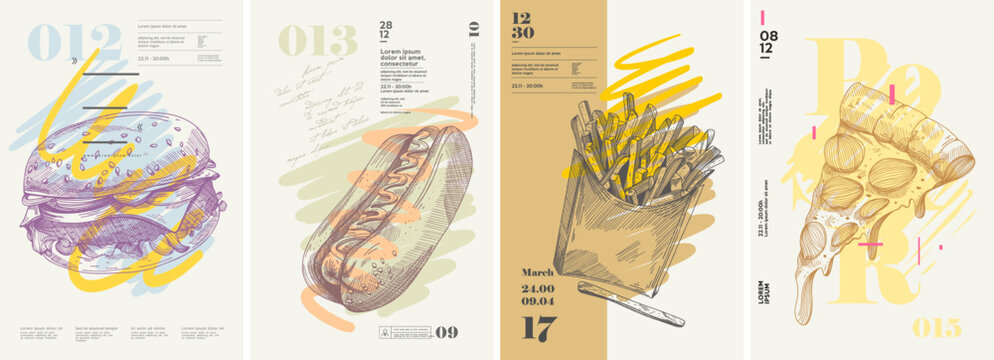 Naklejki Poster. Hamburger, hotdog, fries, pizza. Typography, vintage. Set of vector illustrations. Engraving, pencil style. Cover art, t-shirt print, banner.