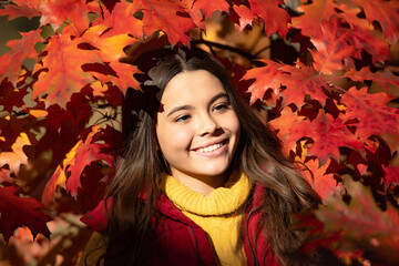 Naklejka na ściany i meble Autumn kid girl face in autumn fall leaves outdoor. happy kid standing at beautiful autumn leaves
