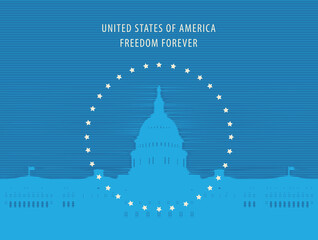 Fototapeta na wymiar Vector banner or card with the words Freedom forever and image of the US Capitol building in Washington, DC. The Western facade of the Capitol. Retro-style illustration of American landmark