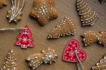 Set of different homemade Christmas cookies isolated on background, close up view with copy space for text. New year frame with tasty gingerbread cookies with spices. Winter holiday concept