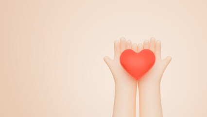 3D Rendering of cartoon hand and heart icons on palm with empty space for the text. giving love to people, Valentines Day concept.