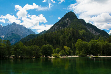 Naklejka na ściany i meble Jasna Lake near Kranjska Gora in the Upper Carniola region of north west Slovenia. An artificial lake created for tourism purposes 