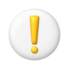 Yellow exclamation mark symbol on white button. Attention or caution sign icon. 3d realistic design element.