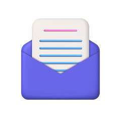 New message 3d icon. Purple open mail envelope and sheet of paper with lines. 3d realistic design element.