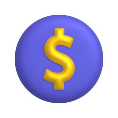 Gold dollar sign on purple button. 3d realistic design element.