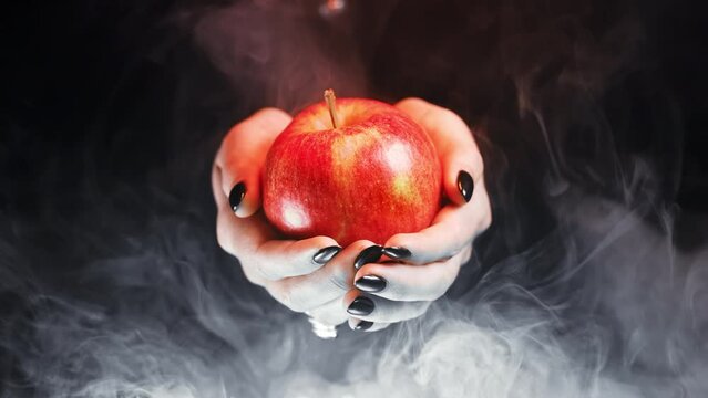 Woman as witch offers red apple - symbol of toxic proposal, lure. Fairytale, white snow, wizard concept. Halloween celebration, cosplay. Smoke, mist background.