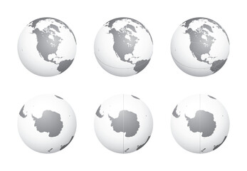 Set of Earth globes focusing on the North America (top row) and the Antarctica (bottom row). Carefully layered and grouped for easy editing. You can edit or remove separately the sphere, the lands, th