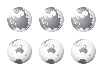 Set of Earth globes focusing on the North Asia (top row) and the Australia (bottom row). Carefully layered and grouped for easy editing. You can edit or remove separately the sphere, the lands, the bo - obrazy, fototapety, plakaty