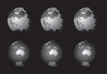 Set of Earth globes focusing on the North Asia (top row) and the Australia (bottom row). Carefully layered and grouped for easy editing. You can edit or remove separately the sphere, the lands, the bo