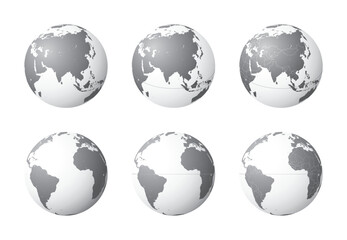 Set of Earth globes focusing on the Asia (top row) and the Atlantic Ocean (bottom row). Carefully layered and grouped for easy editing. You can edit or remove separately the sphere, the lands, the bor - 536430694