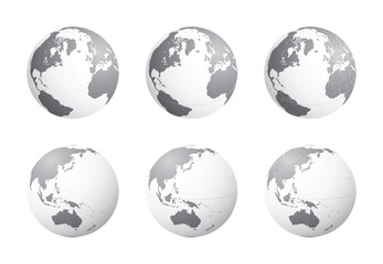 Set of Earth globes focusing on the North Atlantic (top row) and the East Asia and Oceania (bottom row). Carefully layered and grouped for easy editing. You can edit or remove separately the sphere, t
