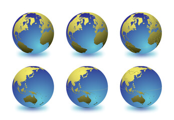 Set of Earth globes focusing on the North Atlantic (top row) and the East Asia and Oceania (bottom row). Carefully layered and grouped for easy editing. You can edit or remove separately the sphere, t - 536430817