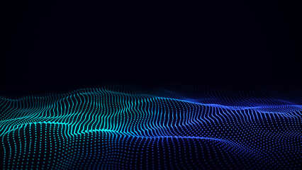 Digital gradient wave with dots on the dark background. The futuristic abstract structure of network connection. Big data visualization. 3D rendering.