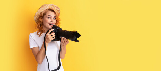 amazed girl hold photo camera. amateur and professional photography. Woman isolated face portrait, banner with mock up copy space.