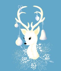 Сhristmas card with white  reindeer on the blue background  .Сhristmas tree toys on deer horns .