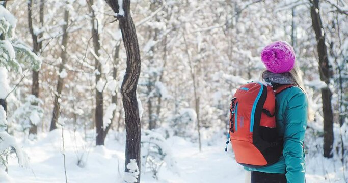 Woman hiker backpacker traveler walking in winter woods with sunlight on sunny day. Snow Day Fun. Health care, authenticity, sense of balance. 4K slow motion.	