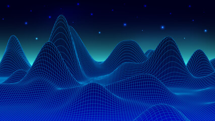Futuristic 3d retro landscape with night sky, sunset and stars on horizon. Digital style background of the 1980s. Blue neon mountains. Big Data visualization. Vector illustration.