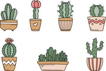Cute cactus in flower pots set