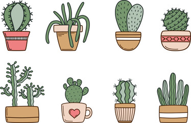 Cute cactus in flower pots set