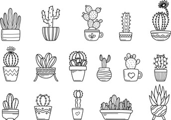 Cute cactus in flower pots set