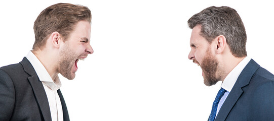 Man face portrait, banner with copy space. two businessmen shouting in business conflict,...