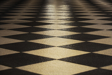 Low angle close up photo for background material in a checkered hallway